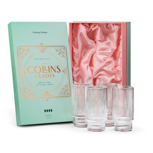 magette Vintage Art Deco Ribbed Collins Glasses – Set of 4 (14 oz) - Image 2